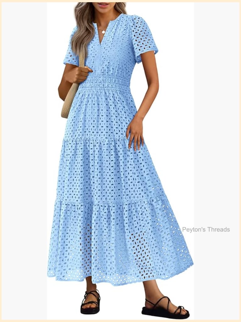 Women's Short Sleeve V-Neck Eyelet A-Line Maxi Dress Summer Beach Vacation
